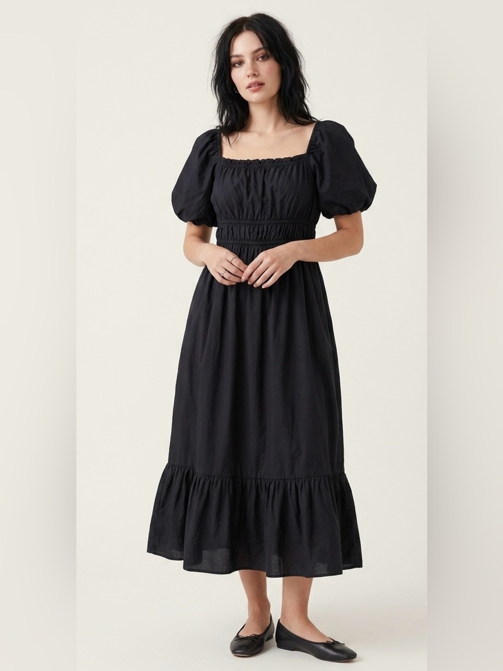 Dizzy Lizzy Whimsigoth Black Midi Dress Puff Sleeve Smocked Ruffle Hem M